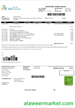 USA Canada City of Vernon water business utility bill template in Word and PDF formats